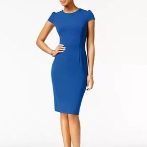 EUCBetsey Johnson blue cap puff-sleeve scuba crepe sheath dress